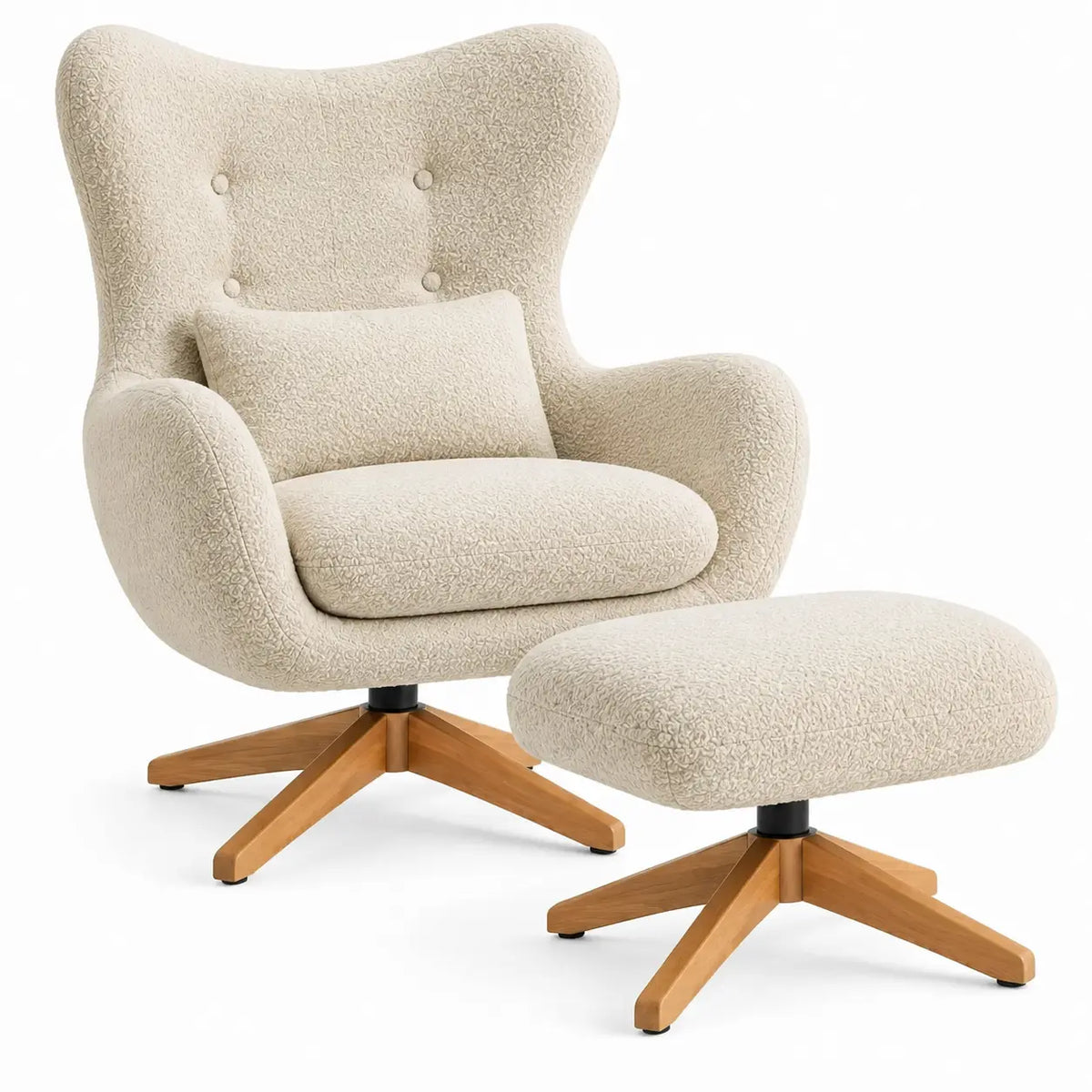 Sillón con reposapiés con botones decorativos y respaldo alto, beige y marrón - soakandspalted
