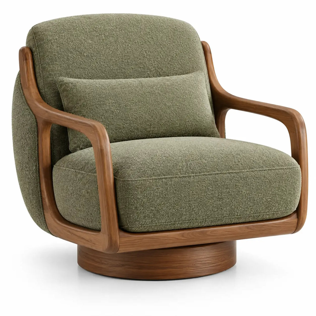 Sillón tapizado de líneas curvas de contorno redondeado, verde y marrón - soakandspalted