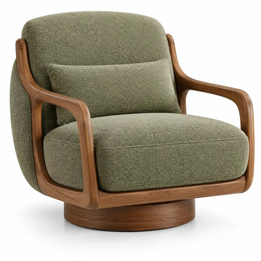 Sillón tapizado de líneas curvas de contorno redondeado, verde y marrón - soakandspalted