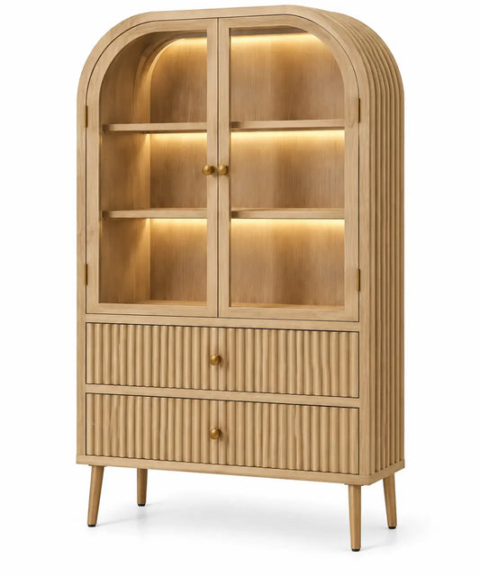 Vitrina de almacenamiento con formas arqueadas y cajones, marrón