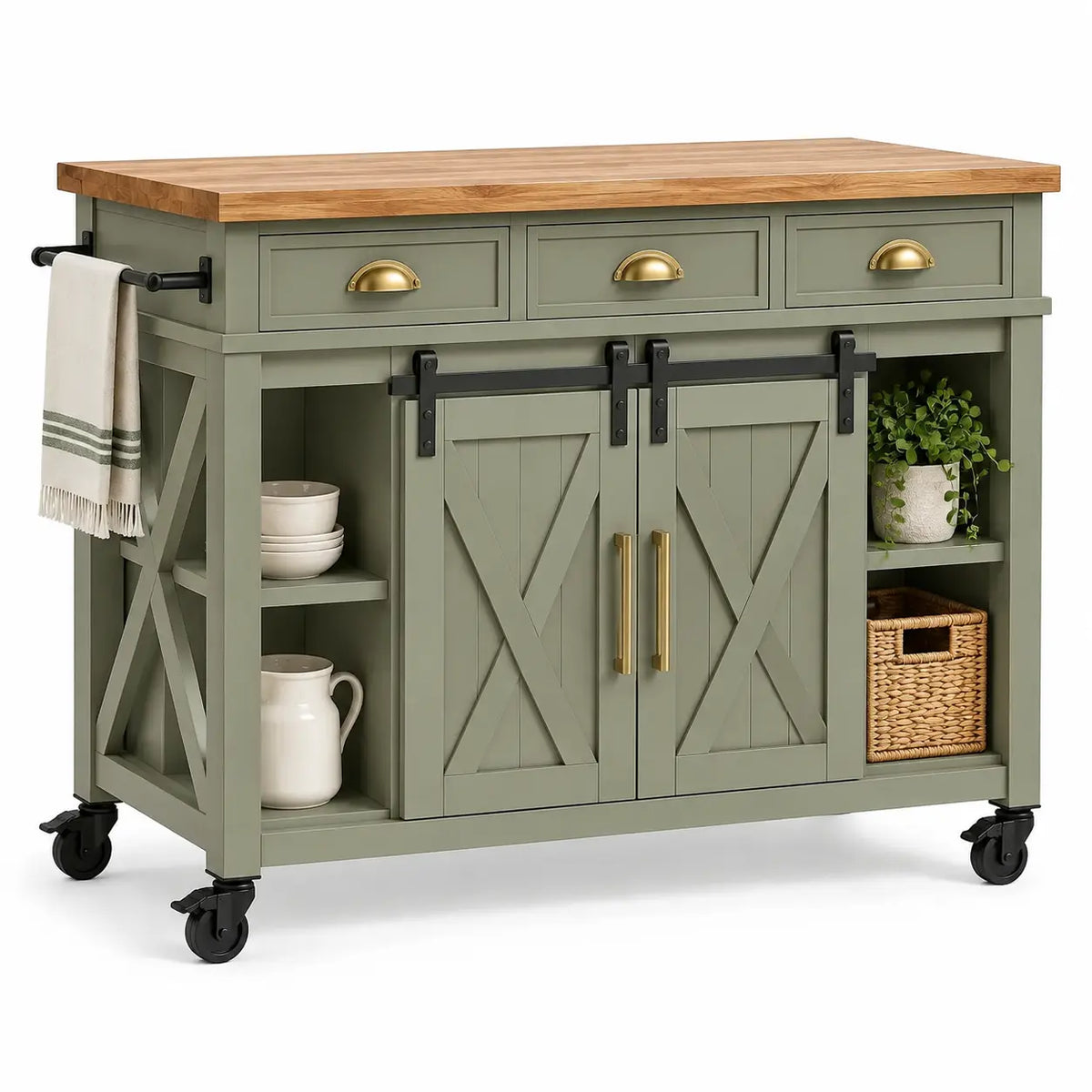 Mueble auxiliar de cocina con ruedas con cajones y estantes, verde y marrón - soakandspalted