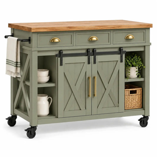 Mueble auxiliar de cocina con ruedas con cajones y estantes, verde y marrón