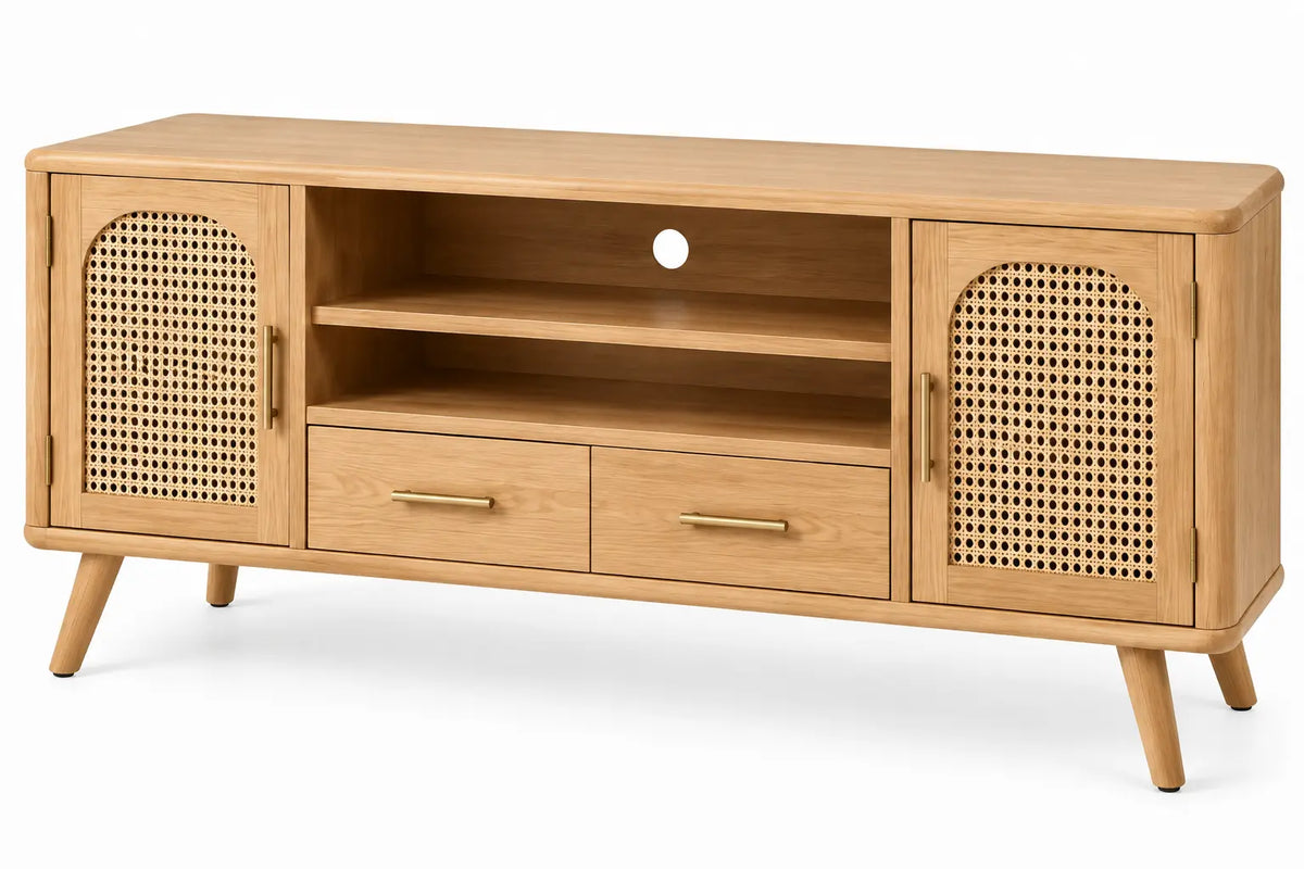 Mueble bajo para televisión con formas arqueadas y detalles de entramado, marrón - soakandspalted