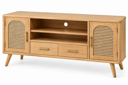Mueble bajo para televisión con formas arqueadas y detalles de entramado, marrón