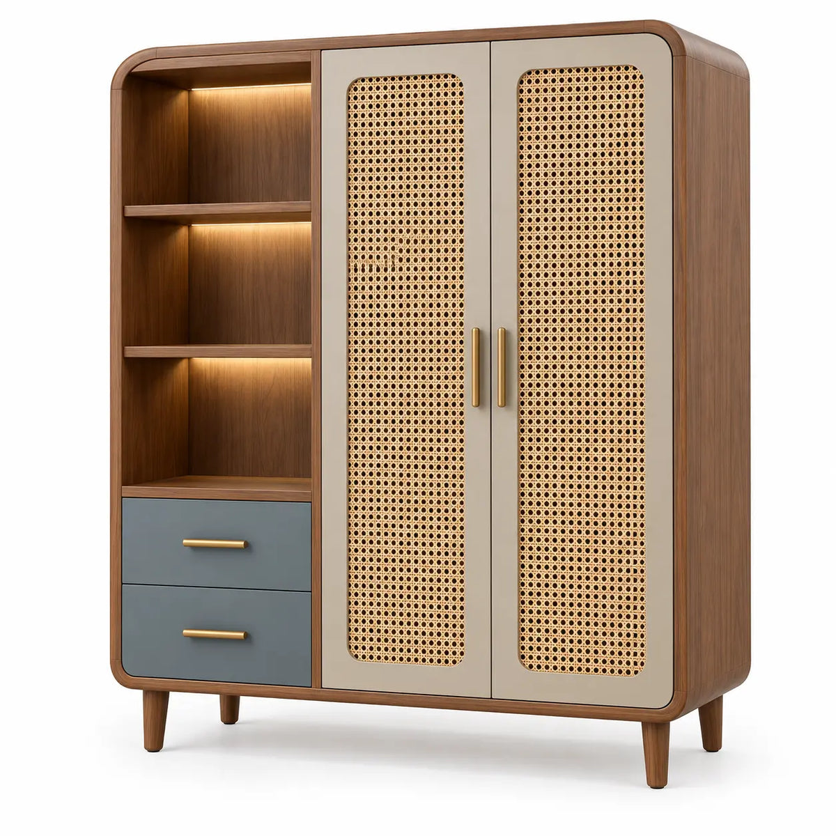 Armario de almacenamiento con detalles de entramado y estantes, marrón y azul